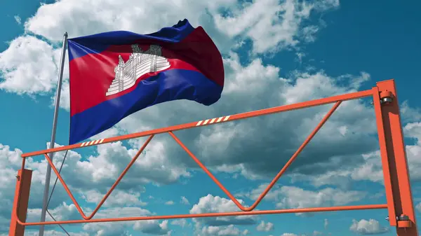 Barrera manual de brazo basculante y bandera de Camboya. Restricción de entrada relacionada con la representación 3d — Foto de Stock