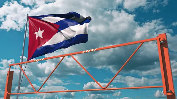 Drapeau de Cuba et barrière de bras oscillant. Interdiction d'entrée rendu 3D conceptuel — Photo