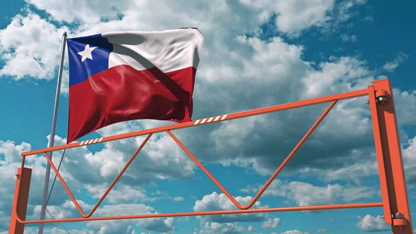 Barrera de carretera con brazo oscilante y bandera de Chile, prohibición de entrada relacionada con la representación 3d —  Fotos de Stock