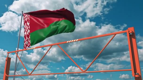 Flag of Belarus and swing arm barrier. Entry ban conceptual 3d animation — Stock Video