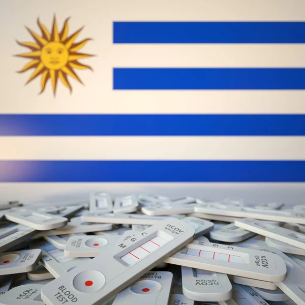 Nationalflagge Uruguays und mehrere Coronavirus-Antigen-Tests, konzeptionelle 3D-Darstellung der öffentlichen Gesundheit — Stockfoto