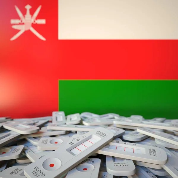 Szybkie testy antygenowe koronawirusów i flaga Omanu. Koncepcja pandemii renderowania 3D — Zdjęcie stockowe