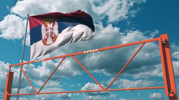 Manual swing arm road barrier and flag of Serbia. Restricted entry related 3d animation — Stock Video