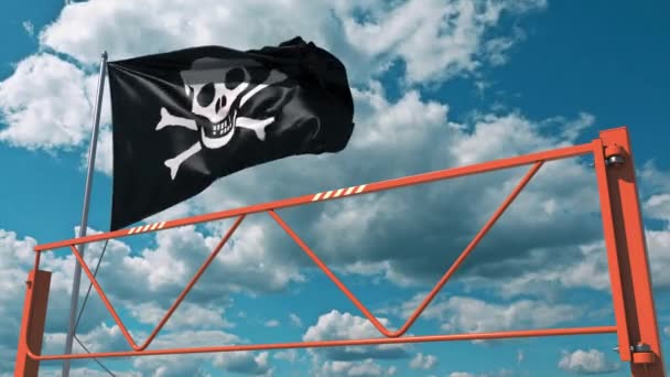 Manuell sväng arm väg barriär och Jolly Roger pirat flagga. Förbud mot piratkopiering avseende 3D-animation — Stockvideo