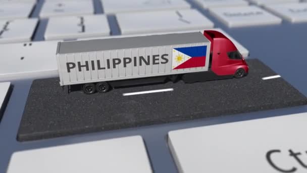 Camión con bandera de Filipinas se mueve en la tecla del teclado. Exportar o importar looping relacionado animación 3d — Vídeos de Stock