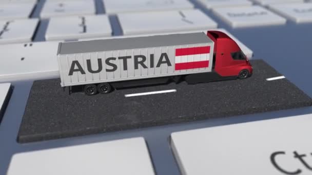 Ciężarówka z flagą Austrii porusza się na klawiszu klawiatury. Animacja 3D związana z wywozem lub przywozem — Wideo stockowe