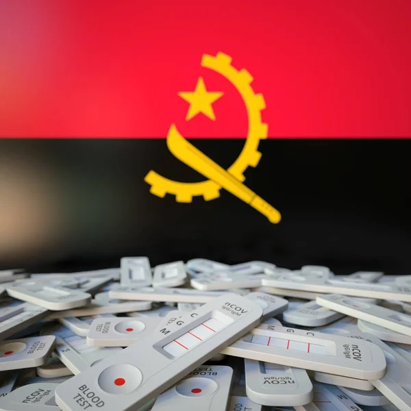 Coronavirus rapid antigen tests and flag of Angola. Pandemic concept 3D rendering