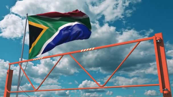南非国旗和摆动臂屏障。入口禁令概念3D动画 — 图库视频影像