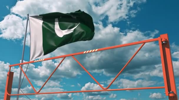 Vlag van Pakistan en slagarm barrière. Invoerverbod conceptuele 3D-animatie — Stockvideo