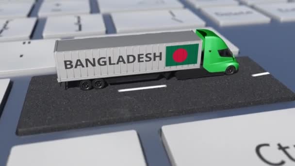 Camion avec drapeau du Bangladesh se déplace sur la touche clavier. Exporter ou importer une animation 3D liée à la boucle — Video