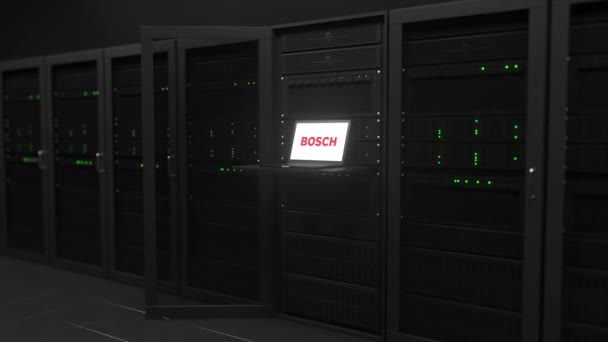 Логотип BOSCH на экране в современной серверной комнате. Концептуальная редакционная 3D анимация — стоковое видео