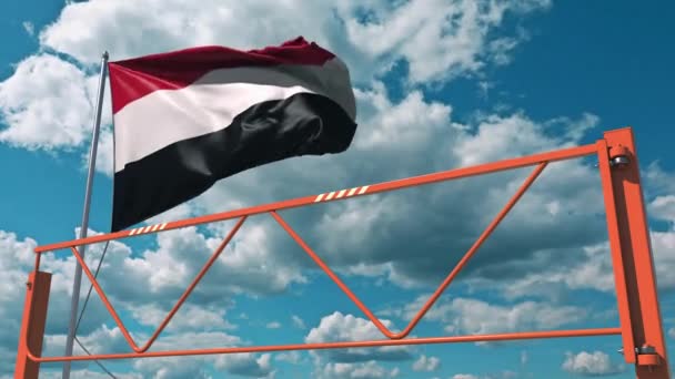 イエメンの国旗とスイングアームバリア。入場禁止概念3Dアニメーション — ストック動画