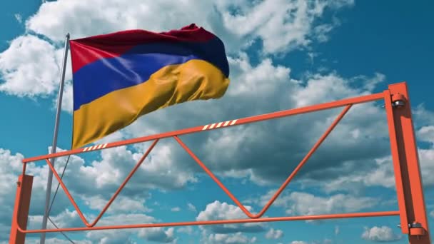 Bandera de Armenia y barrera de brazo oscilante. Entrada prohibición conceptual 3d animación — Vídeos de Stock