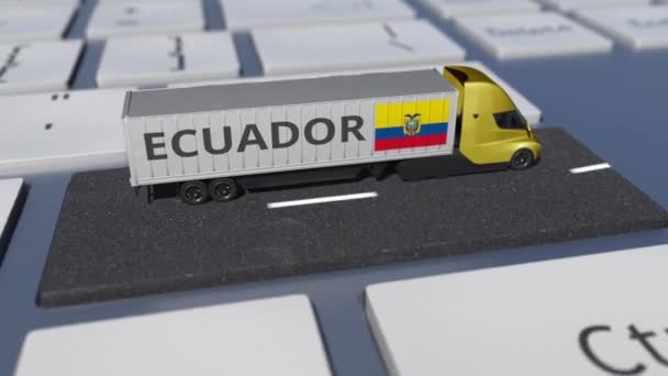 Camión con bandera de Ecuador se mueve en la tecla del teclado. Exportar o importar looping relacionado animación 3d — Vídeo de stock