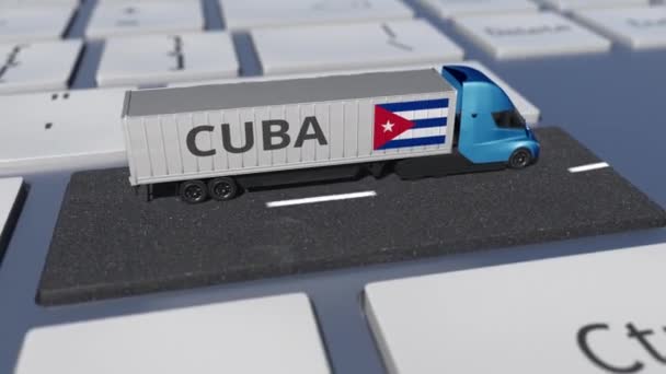 带有古巴国旗的卡车在键盘键上移动。与导出或导入有关的循环3D动画 — 图库视频影像