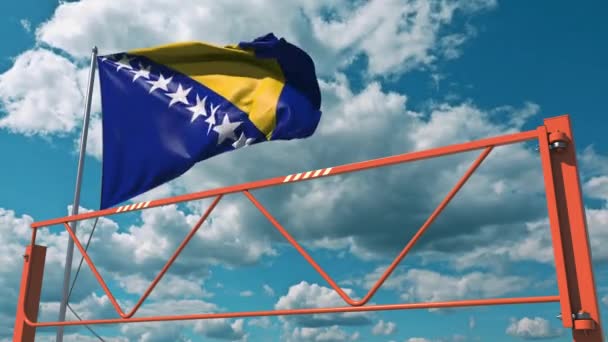 Vlag van Bosnië en Herzegovina en slagarm barrière. Invoerverbod conceptuele 3D-animatie — Stockvideo