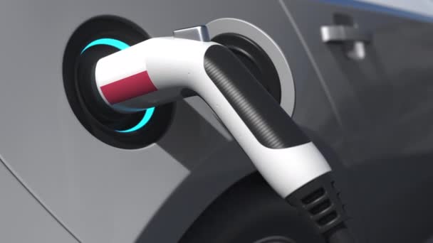 电动汽车充电插头上的波兰国旗。概念3D动画 — 图库视频影像