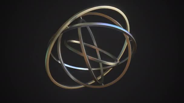 Pohyblivý gimbal s pěti leštěnými kroužky na černém pozadí, smyčka 3D animace — Stock video
