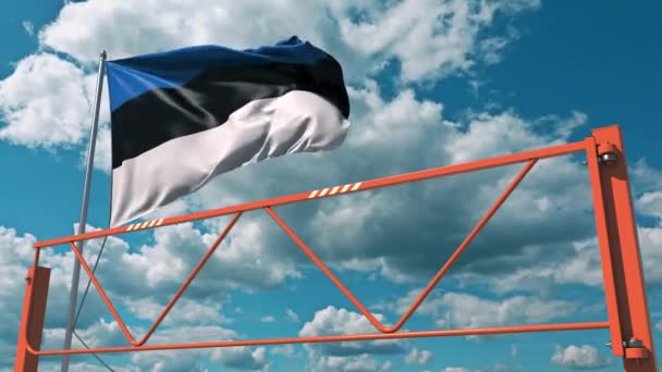 Swing arm road barrier and flag of Estonia, entry ban related 3d animation — Stock video
