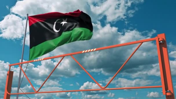 Schwingenarm Straßensperre und Flagge Libyens, Einreiseverbot im Zusammenhang mit 3D-Animation — Stockvideo