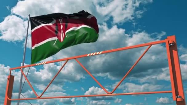 Manual swing arm road barrier and flag of Kenya. Restricted entry related 3d animation — Stock Video