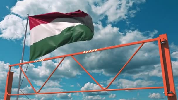 ハンガリーの国旗とスイングアームバリア。入場禁止概念3Dアニメーション — ストック動画