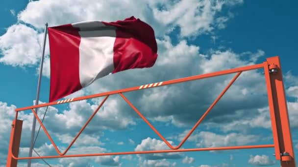 Peru zászlója és lengőkar-korlát. Nevezési tilalom koncepció 3D animáció — Stock videók