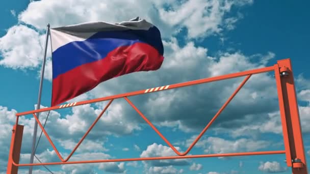 Шлагбаум и флаг России, запрет на въезд, связанный с 3D анимацией — стоковое видео