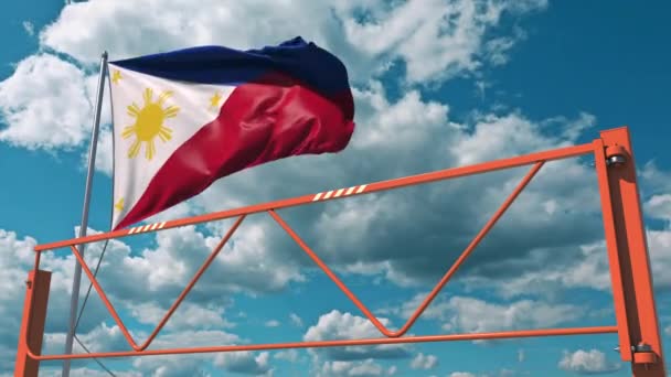 Manual swing arm road barrier and flag of Philippines. Restricted entry related 3d animation — Stock Video