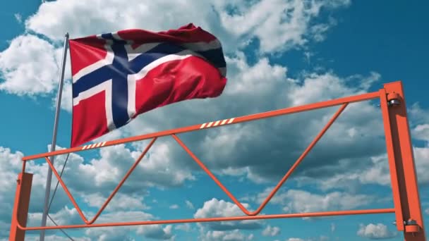 Brazo oscilante barrera vial y bandera de Noruega, prohibición de entrada relacionada con la animación 3d — Vídeos de Stock