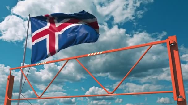 アイスランドの国旗とスイングアームバリア。入場禁止概念3Dアニメーション — ストック動画