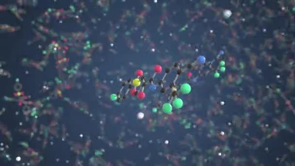 Молекула бикалутамида. Молекулярная модель шариков и палок. Цикл 3D анимации, связанный с химией — стоковое видео