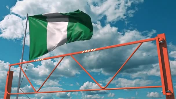 Bandeira da Nigéria e barreira de braço oscilante. Entrada proibição conceitual 3d animação — Vídeo de Stock