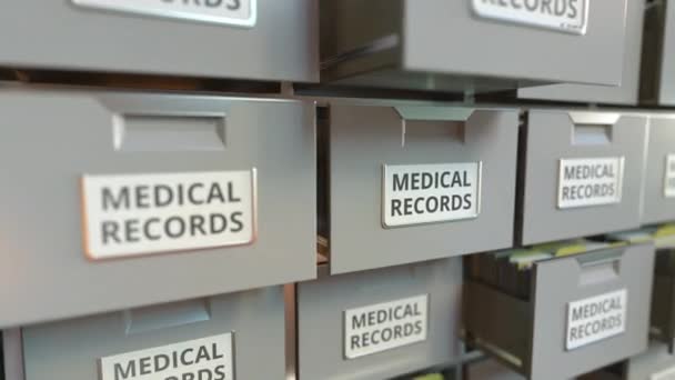 MEDICAL RECORDS texto en los cajones de un gabinete de archivos, bucle animación 3d — Vídeos de Stock