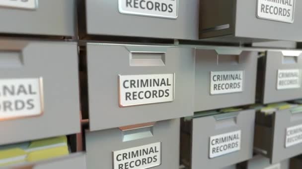 RECORDA CRIMINAL texto nas gavetas de um armário de arquivos, looping animação 3d — Vídeo de Stock
