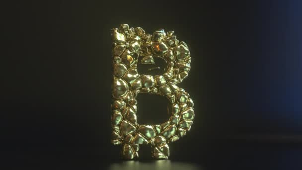 Rozbijający znak bitcoina zrobiony ze złotych bryłek. Kryptowaluta kryzys koncepcyjny animacja 3D — Wideo stockowe