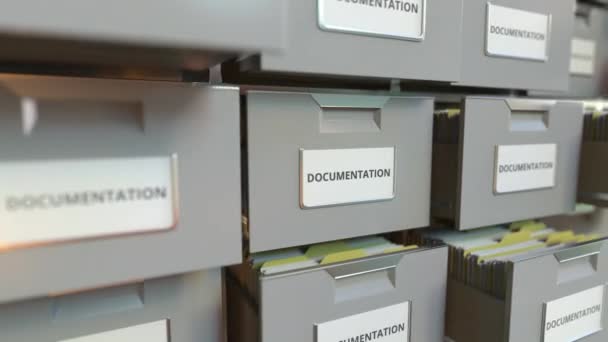 DOCUMENTATION text on the drawers of a file cabinet, looping 3d animation — Stock Video