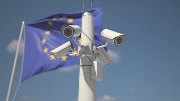 Telecamere di sicurezza esterne sul palo vicino alla bandiera dell'UE. Looping animazione 3d — Video Stock