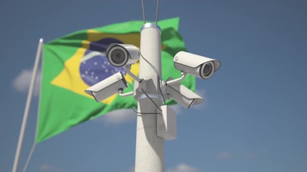 Câmeras de segurança ao ar livre no poste perto da bandeira do Brasil. Looping animação 3d — Vídeo de Stock