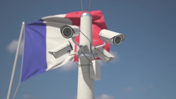 프랑스의 흔들리는 깃발 과 기둥 위의 보안 카메라입니다. 3d 에니 메이 션덮기 — 비디오