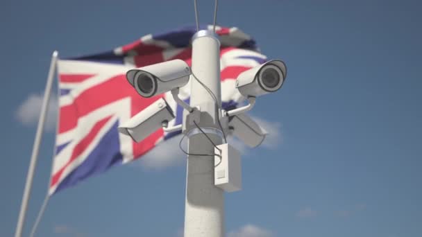 Камеры видеонаблюдения на шесте возле флага Великобритании, зацикленная 3D анимация — стоковое видео