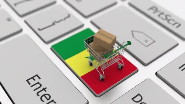 Clavier d'ordinateur avec drapeau du Sénégal et panier avec cartons, boucle d'achat en ligne animation 3D conceptuelle — Video