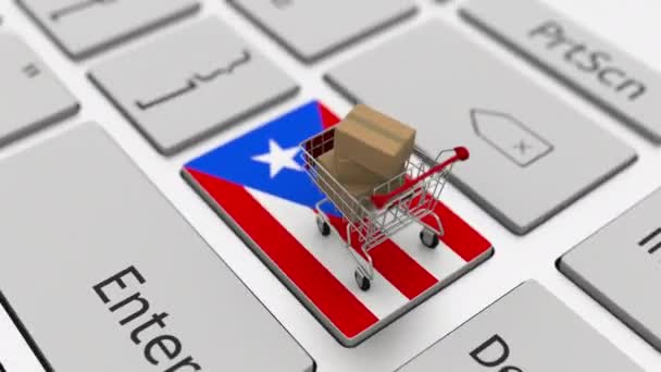 Tecla de teclado de computador com bandeira de Porto Rico e carrinho de compras com caixas, looping compras on-line conceitual 3d animação — Vídeo de Stock