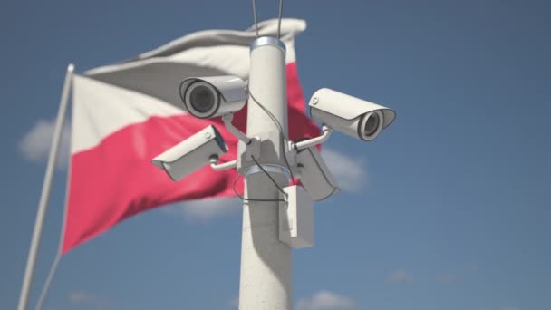 Waving flag of Poland and the security cameras on the pole. Looping 3d animation — Stockvideo