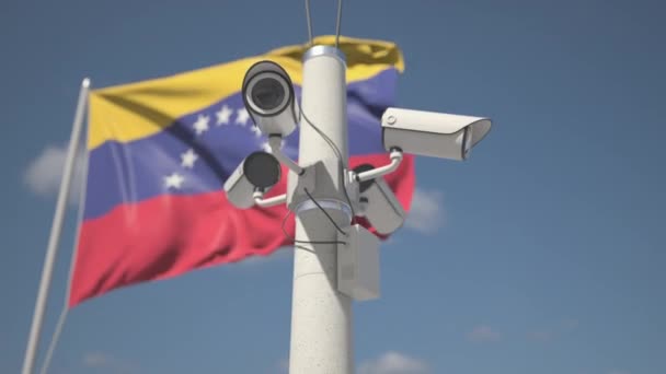Security cameras on the pole near flag of Venezuela, looping 3d animation — Stockvideo