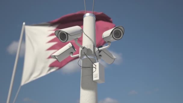 Säkerhetskameror på stolpen nära Qatars flagga, looping 3D-animation — Stockvideo