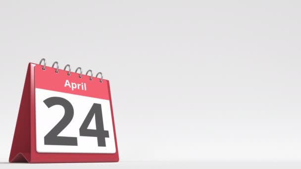 Abril 25 data na página de calendário flip desk, espaço em branco para o texto do usuário, animação 3d — Vídeo de Stock