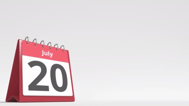 Datum 21. července na stránce kalendáře flip desk, prázdné místo pro uživatelský text, 3D animace — Stock video