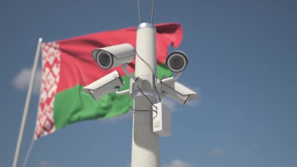 Videocamere di sicurezza sul palo vicino alla bandiera della Bielorussia, loop animazione 3d — Video Stock