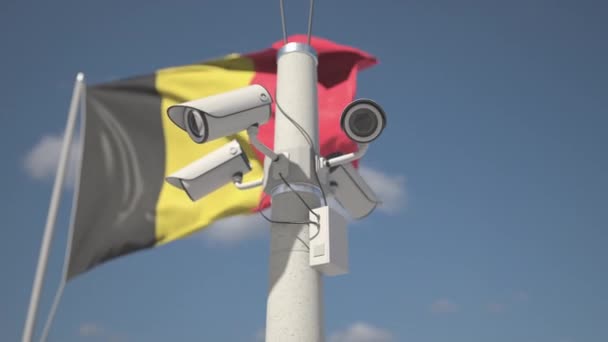 Камери безпеки на полюсі біля прапора Бельгії, петля 3D анімації — стокове відео